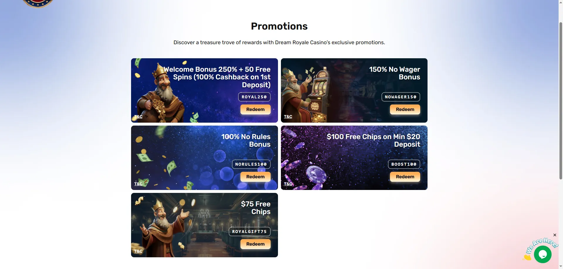 Dream Royale Casino 250% welcome bonus and free chips promo code ROYAL250